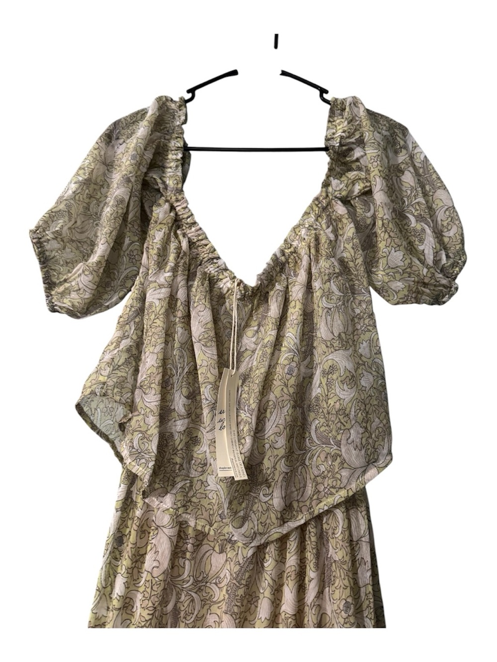 NWT Love Stitch Boho Paisley Maxi Dress Sage Green Puff Sleeve Tiered - Picture 2 of 7